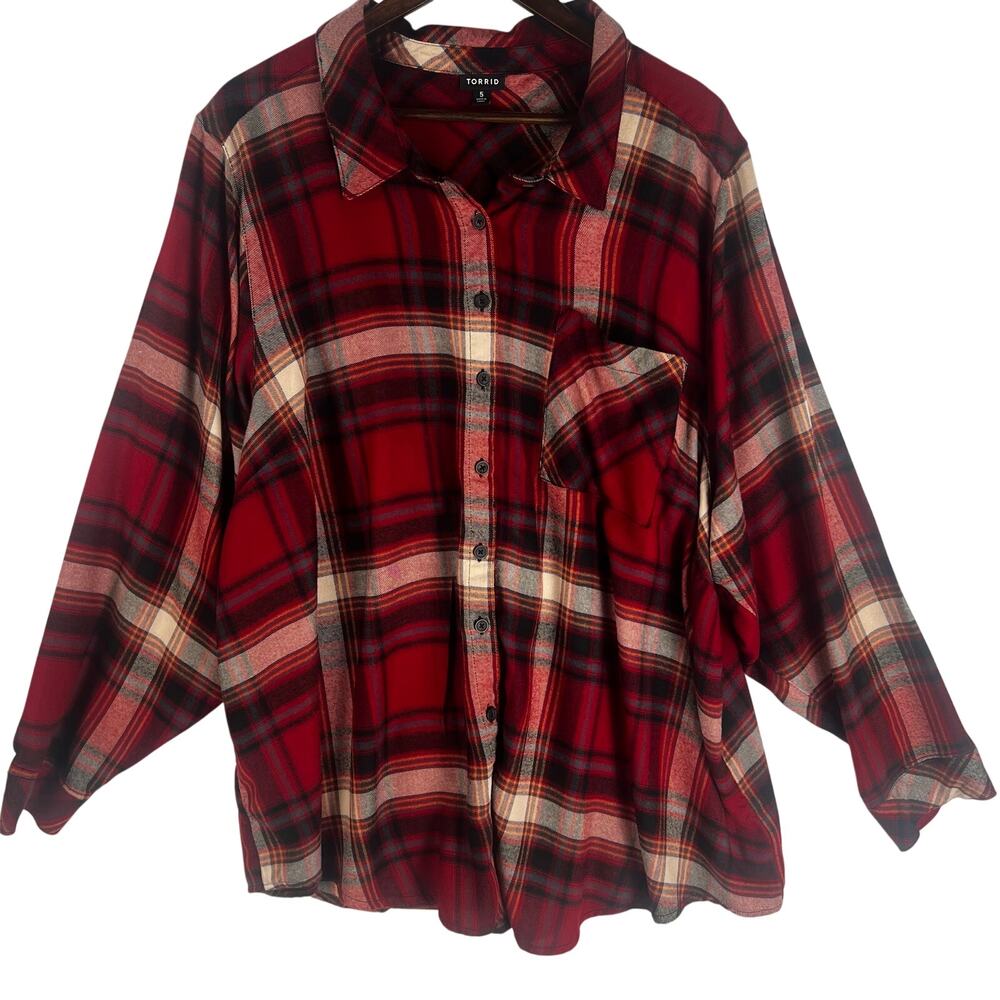 Torrid Lizzie Womens Plaid Button Down Shirt SZ 5X Red Black Brushed Rayon SOFT